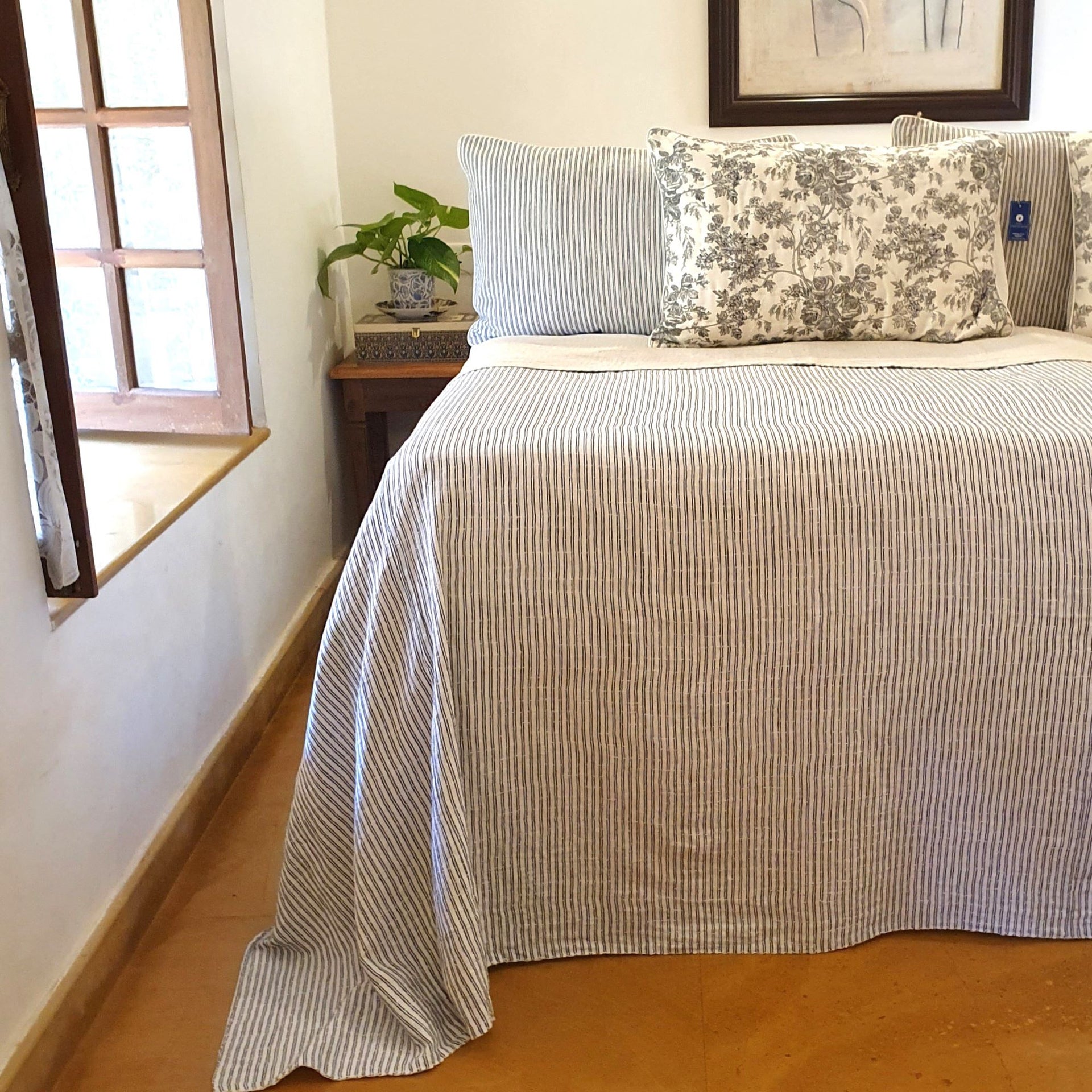 Belle Stripe Monochrome Kantha Bedspread | 220cm x 270cm