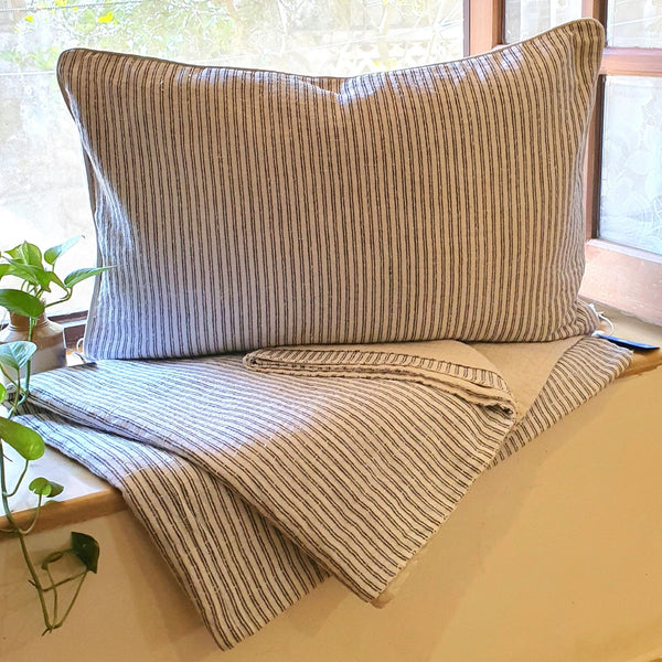 Belle Stripe Monochrome Kantha Stitch Zippered Cotton Pillowcase | 48cm x 73cm