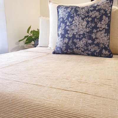 Belle Stripe Beige Kantha Bedspread  | 220cm x 270cm