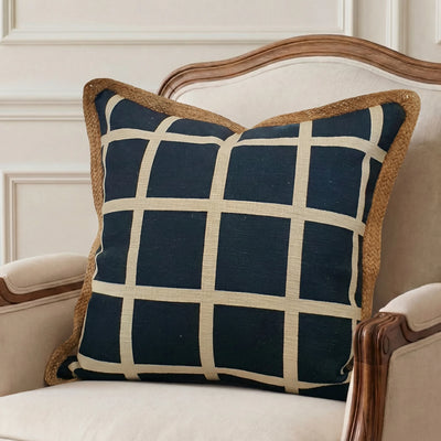 Navy Chequered Cotton & Jute Cushion Cover | 50cm x 50cm