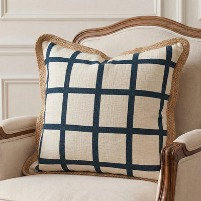 White Chequered Cotton & Jute Cushion Cover | 50cm x 50cm