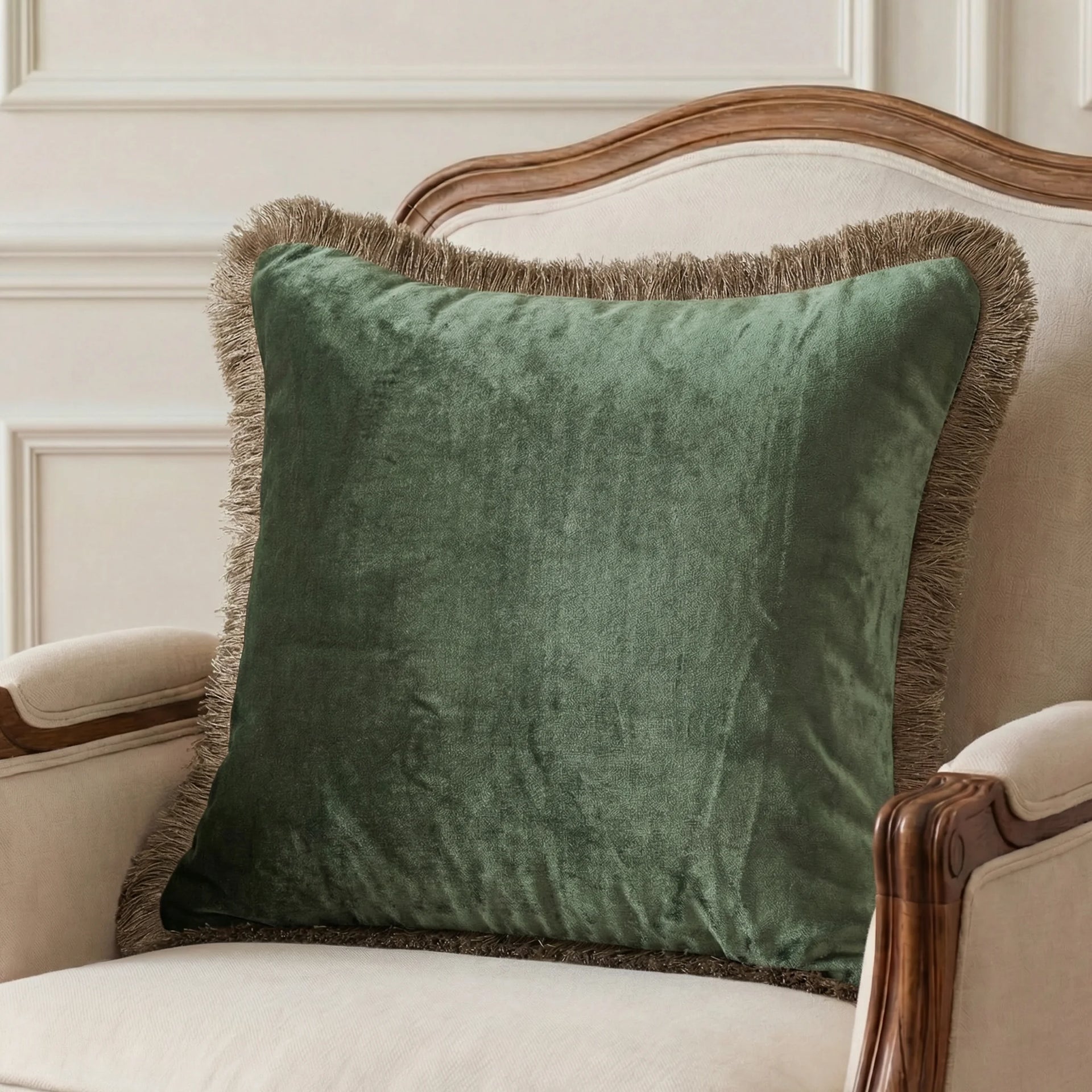 Moss Velvet Fringe - Cushion Cover
