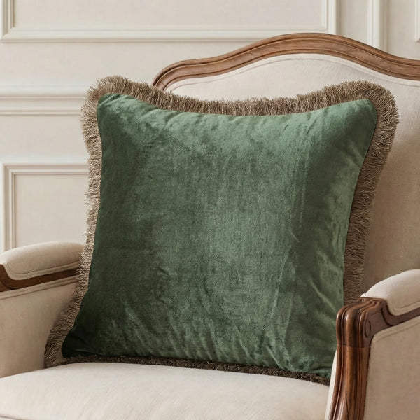 Moss Velvet Fringe - Cushion Cover
