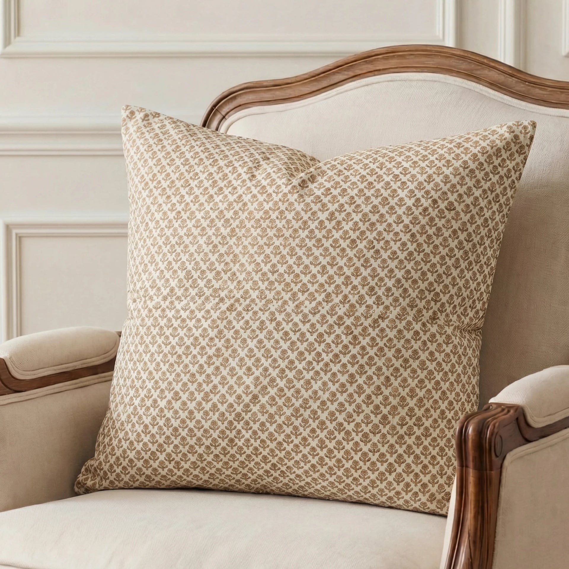 Kolka Beige Floral Decorative Cushion Cover | 60cm x 60cm Cotton Euro Sham