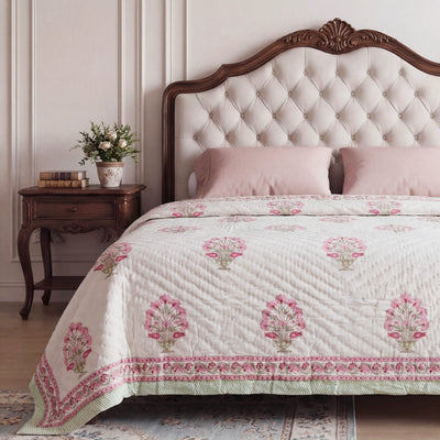 Pink Carnation Reversible Quilt | King Size Cotton Bedspread