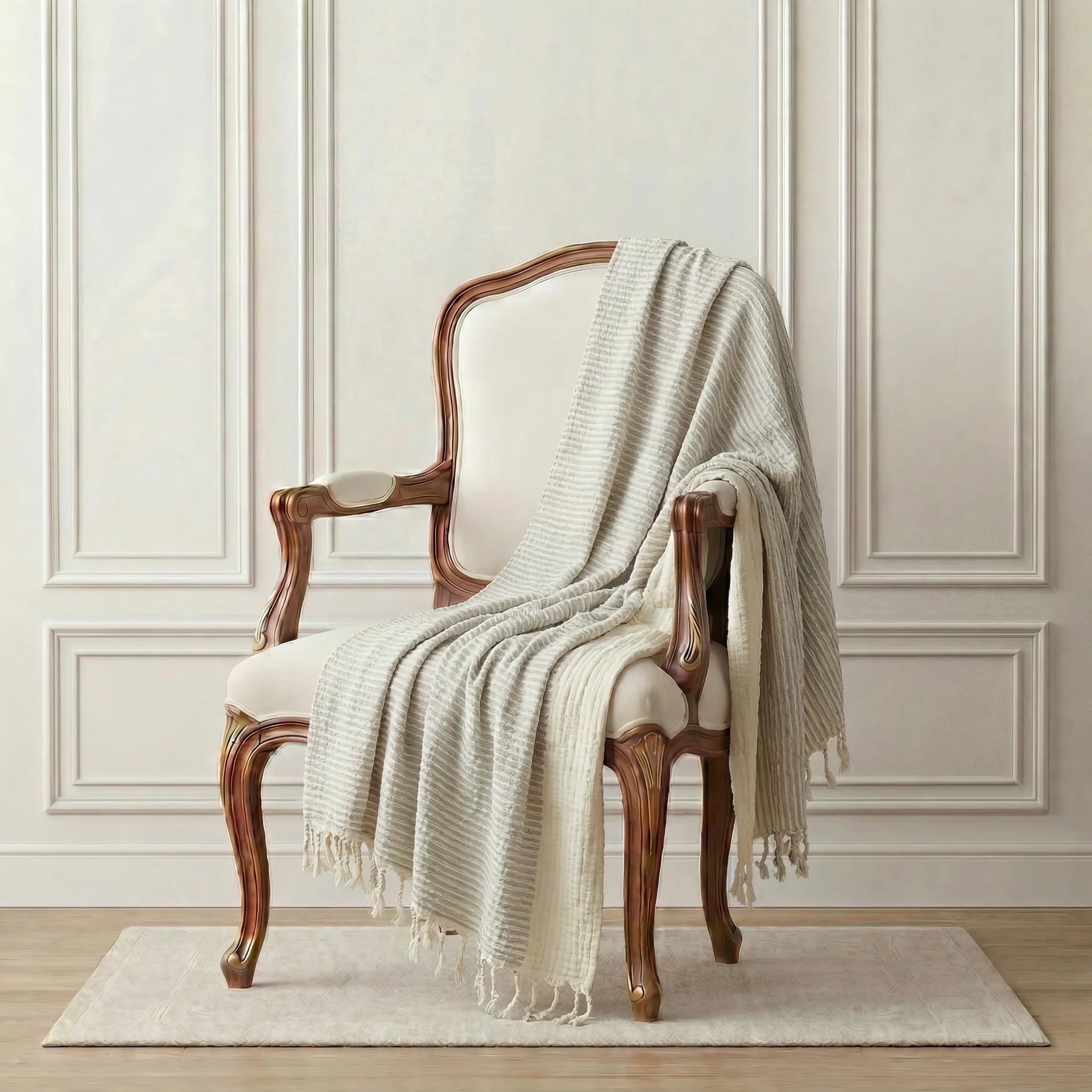 Parisian Elegance Light Grey Handmade Throw | 120x170cm Large Cotton Throw