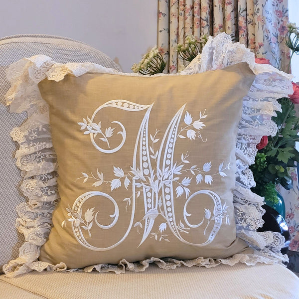 Beige French Monogram M Lumbar Cushion 30x50 cm | 100% Cotton