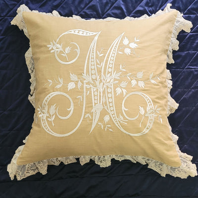 Beige French Monogram M Cotton Lumbar Cushion Cover 30 × 50 cm