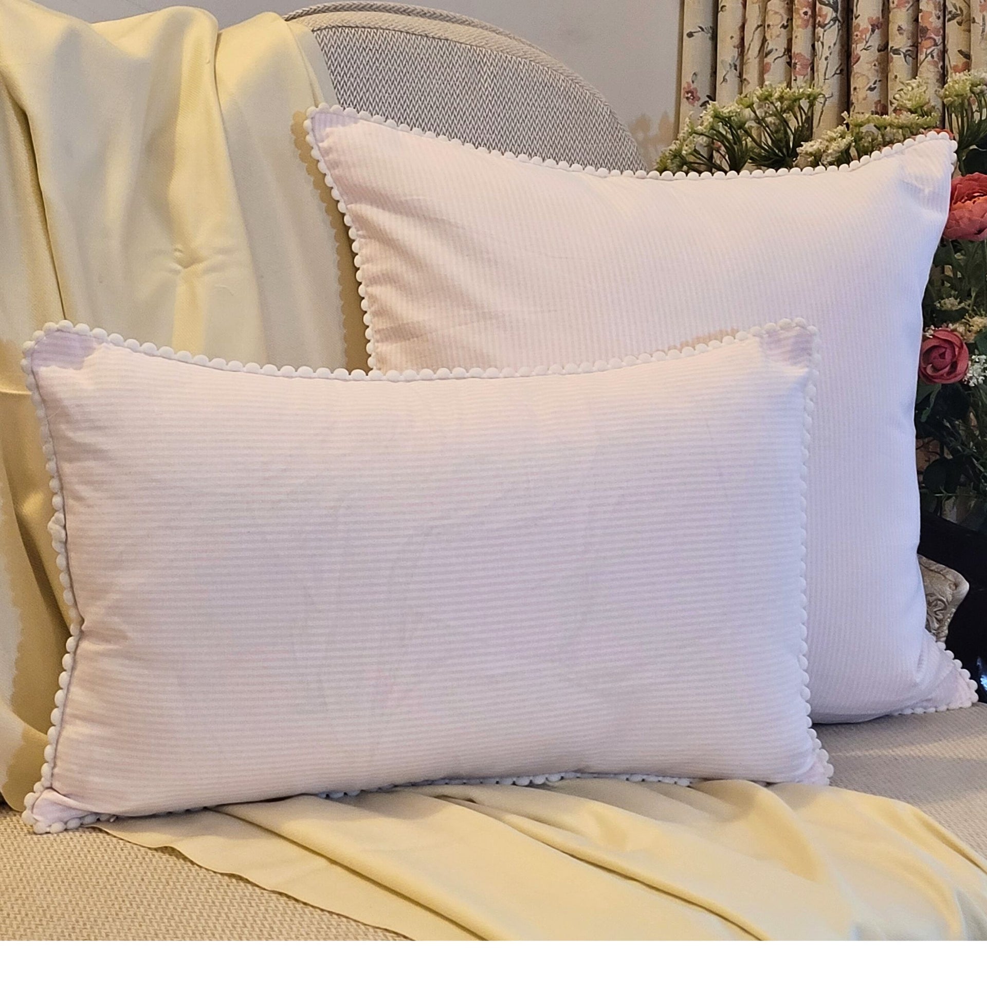 Lumbar Cushion Cover - Pink Pom-Pom Pinstripe