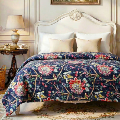 Midnight Bloom Kantha Bedspread | Kantha Bedspread 220x270 cm – 100% Cotton