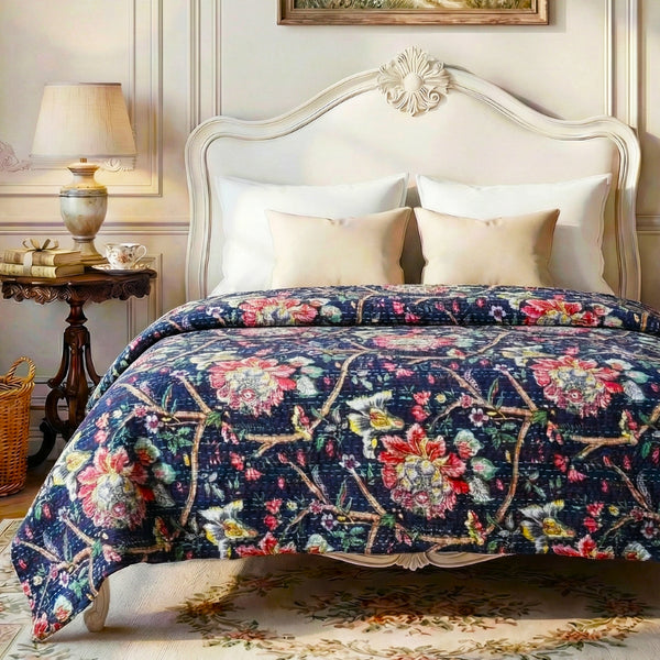Midnight Bloom Kantha Bedspread | Kantha Bedspread 220x270 cm – 100% Cotton