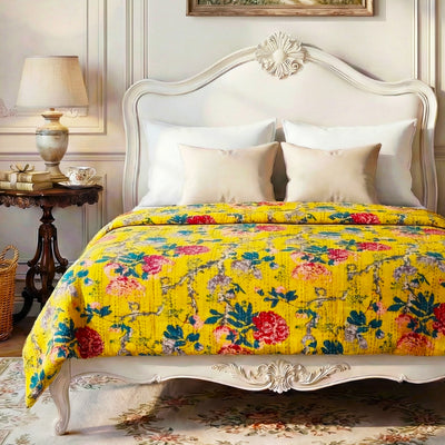 Mustard Peony Kantha Bedspread |220x270cm Yellow Coverlet