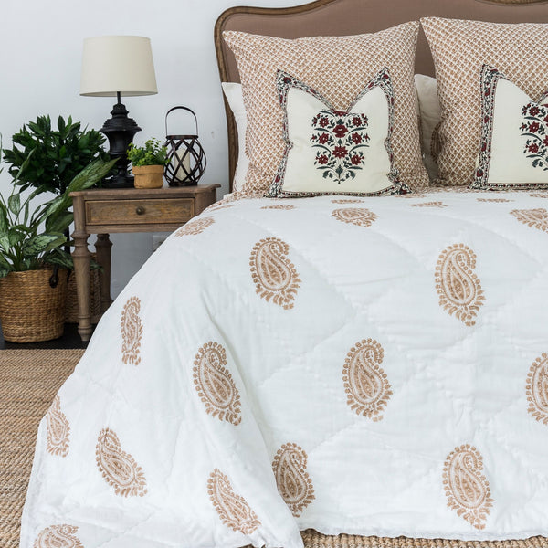 Kolka Beige Floral Decorative Cushion Cover | 60cm x 60cm Cotton Euro Sham