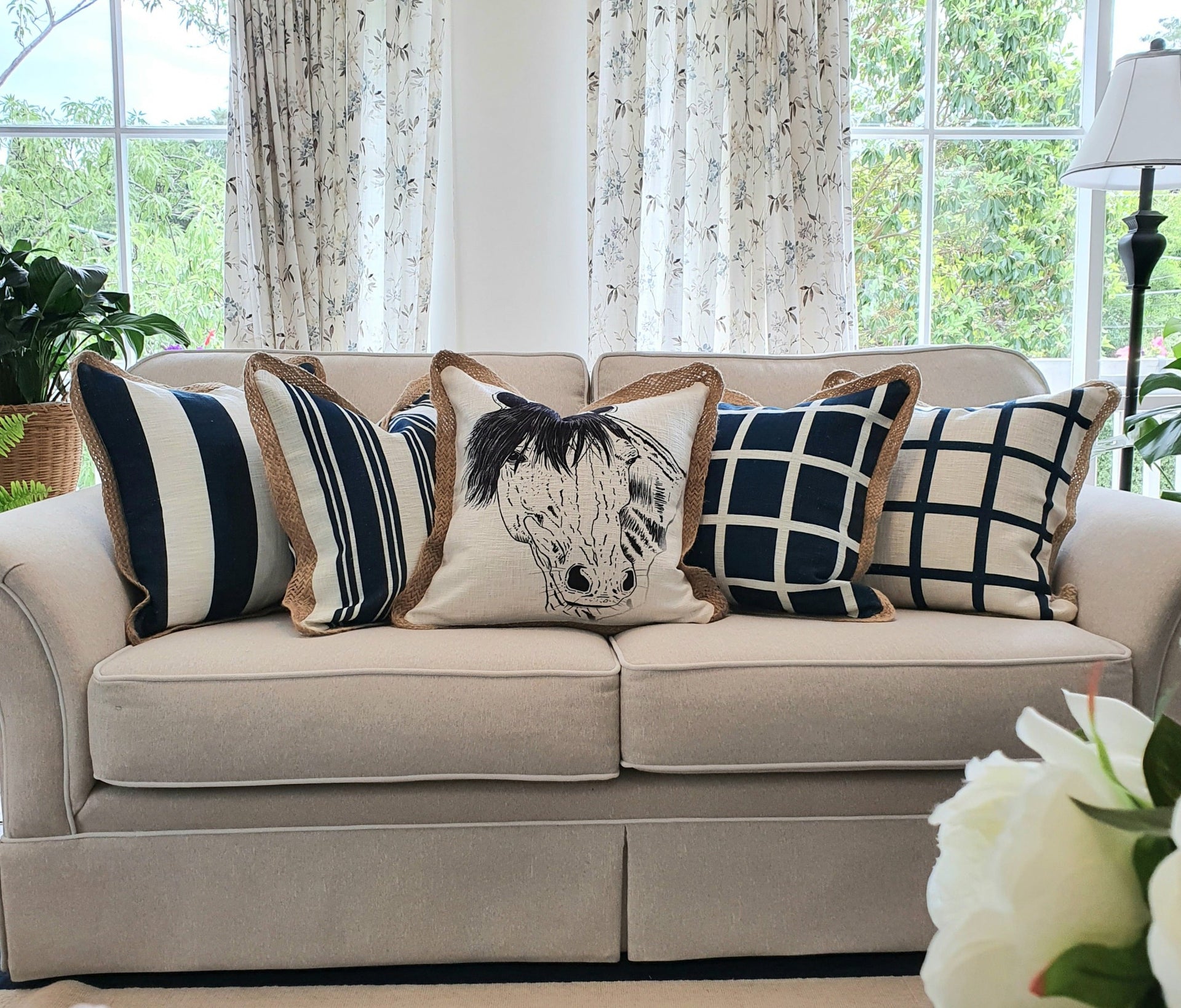 White Chequered Cotton & Jute Cushion Cover | 50cm x 50cm