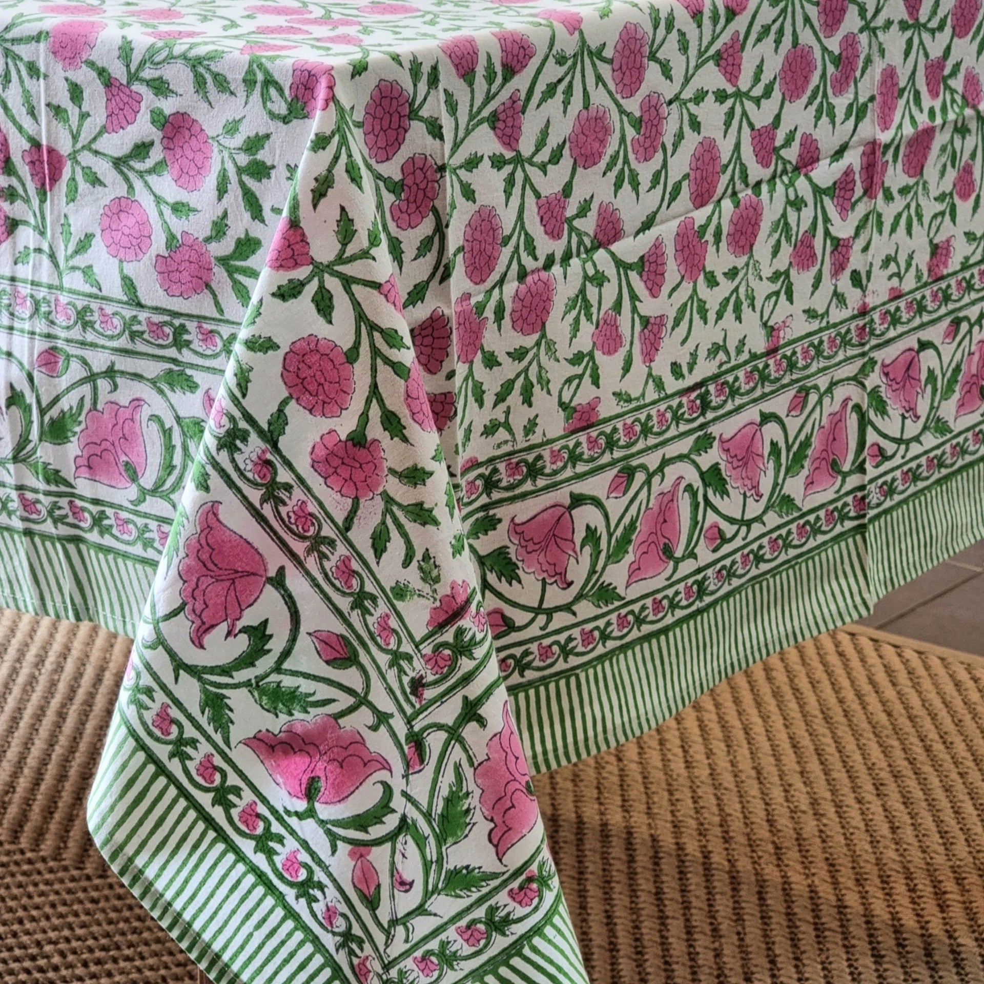 Pink Daisy Block-Printed Tablecloth
