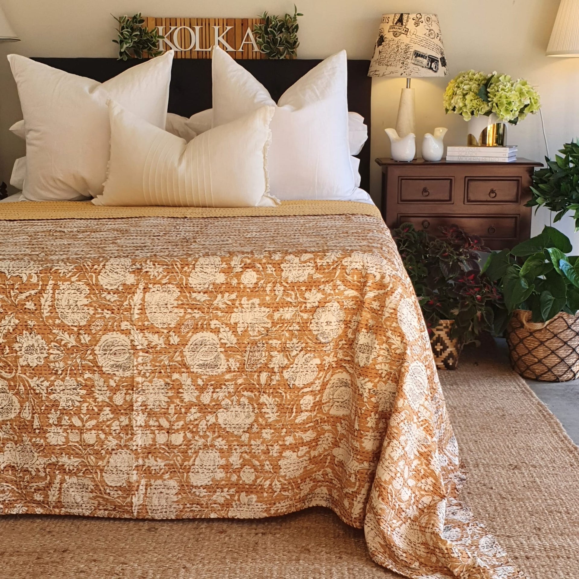 Coffee Bean Kantha Bedspread | 220cm x 270cm