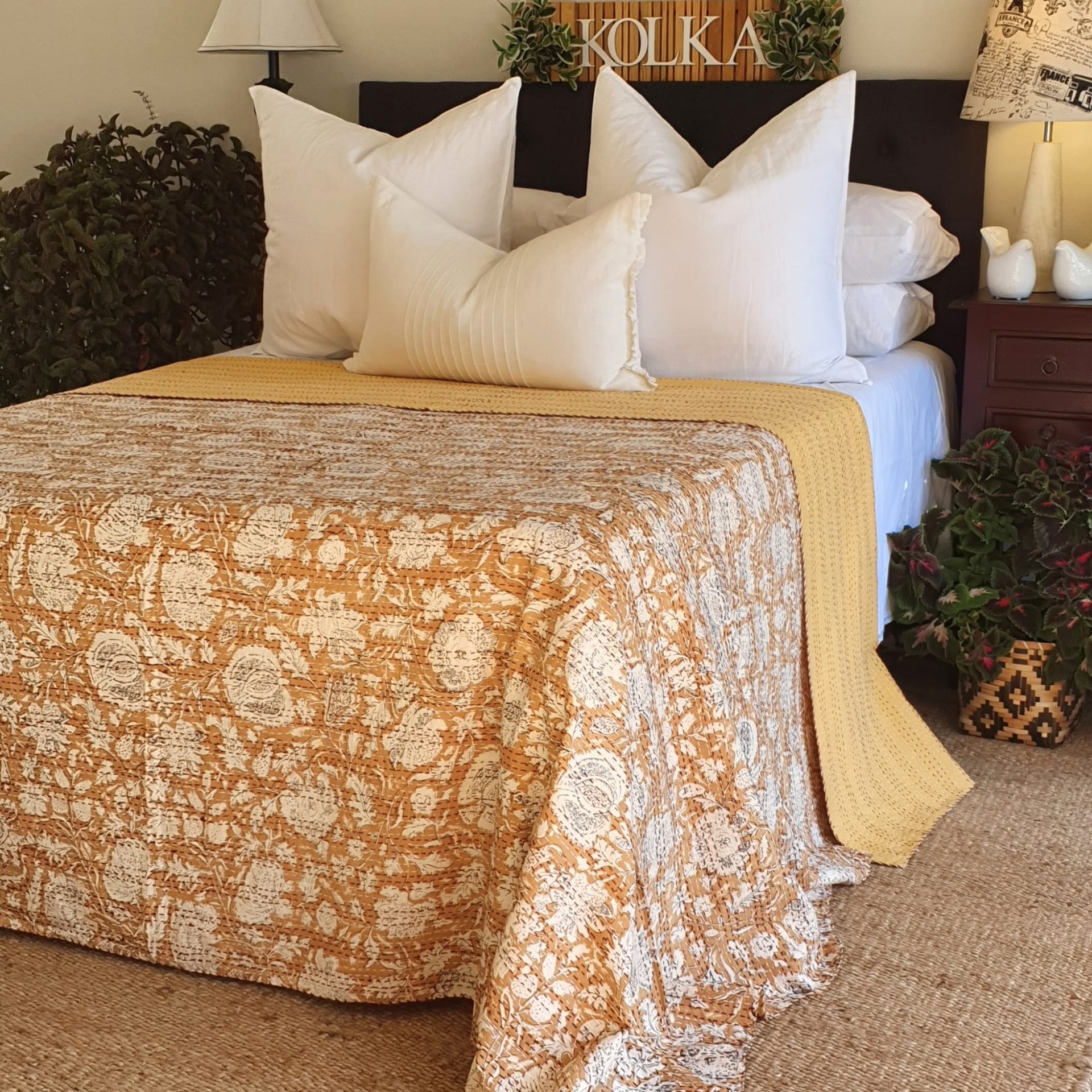 Coffee Bean Kantha Bedspread | 220cm x 270cm