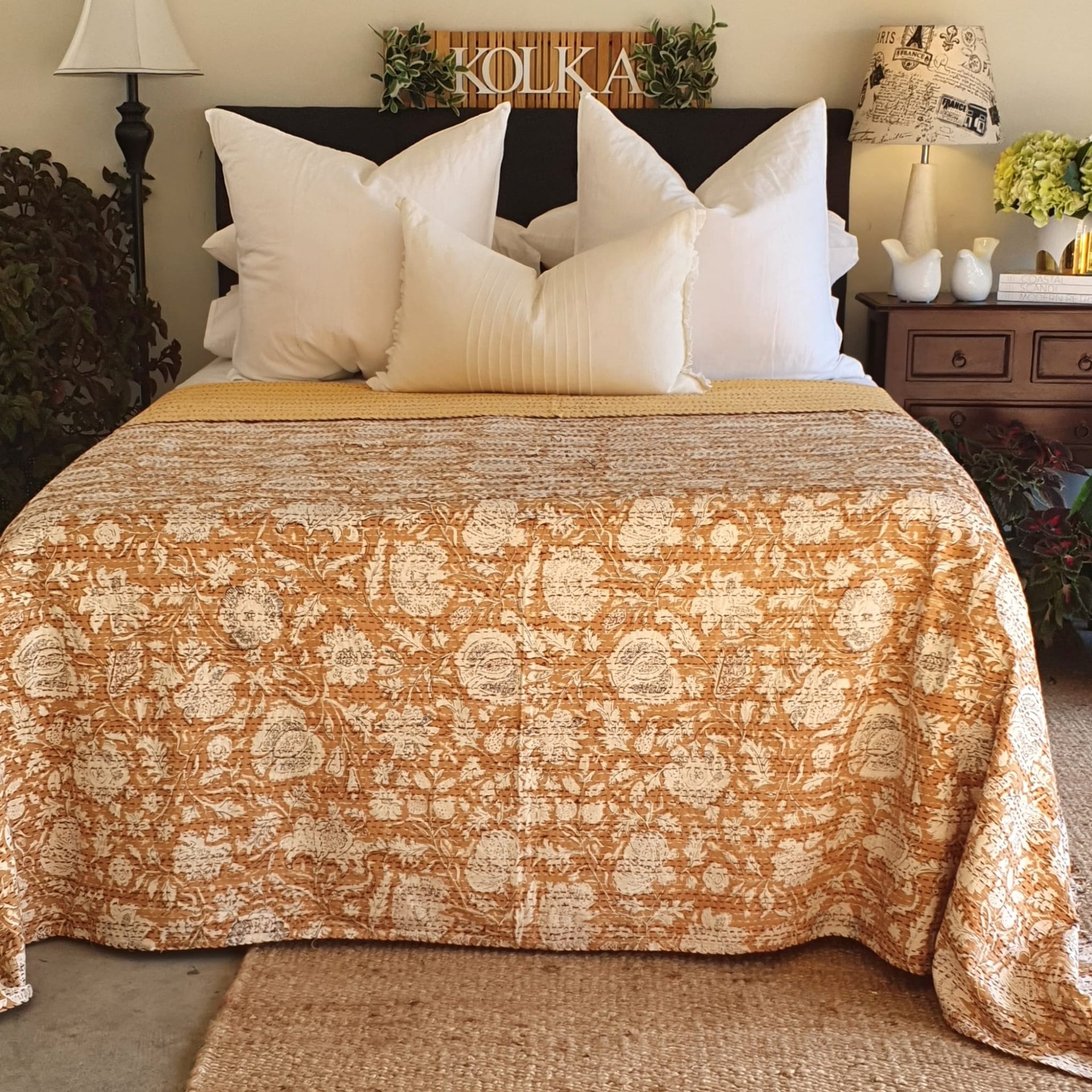 Coffee Bean Kantha Bedspread | 220cm x 270cm