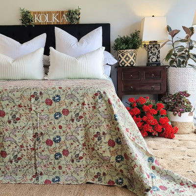 Green Berries Kantha Bedspread | 220cm x 270cm