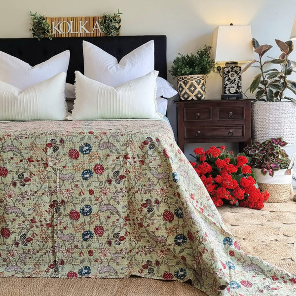 Green Berries Kantha Bedspread | Floral 220x270cm Green Bedcover