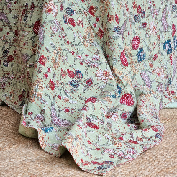 Green Berries Kantha Bedspread | Floral 220x270cm Green Bedcover