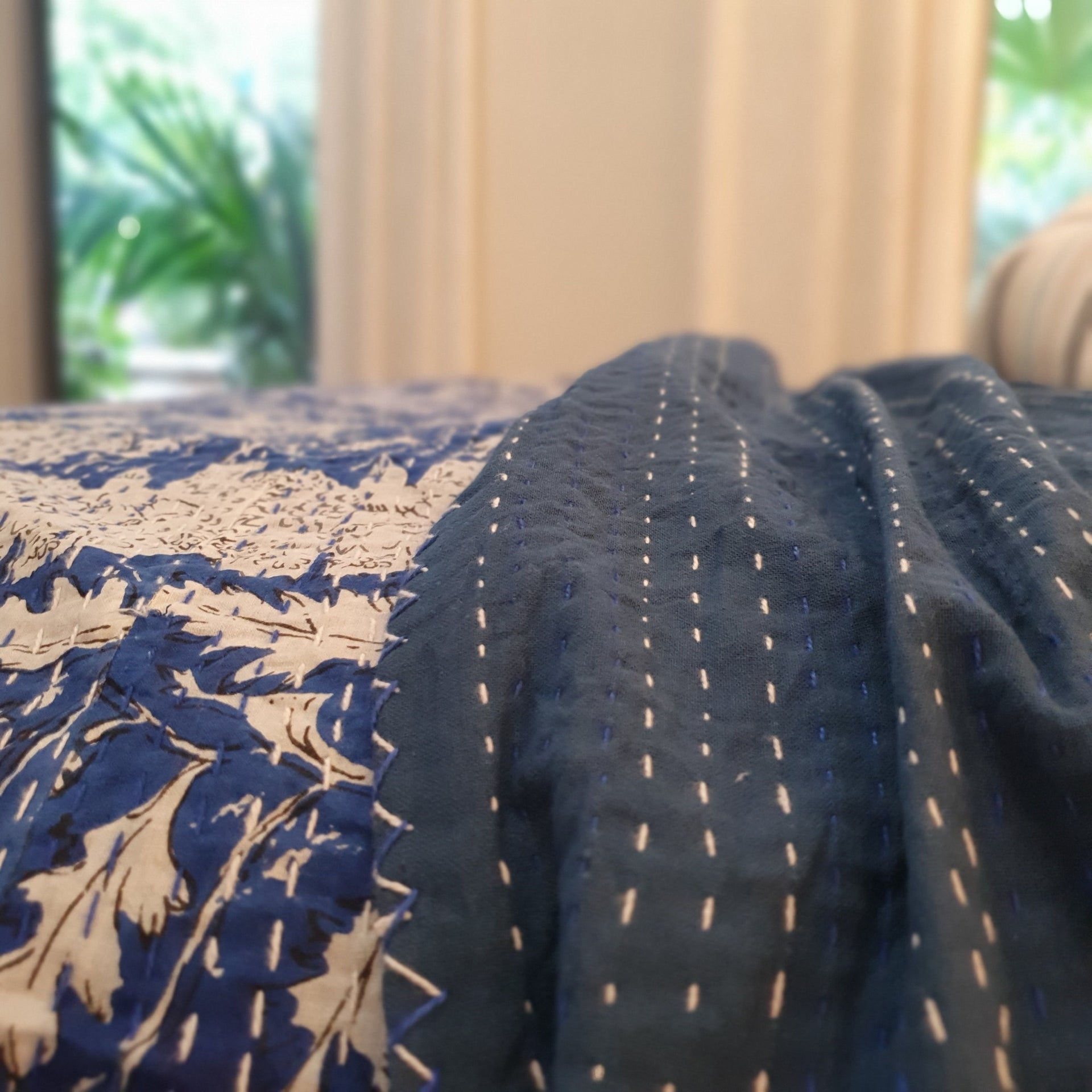 Hamptons Blue Kantha Bedspread | 220cm x 270cm