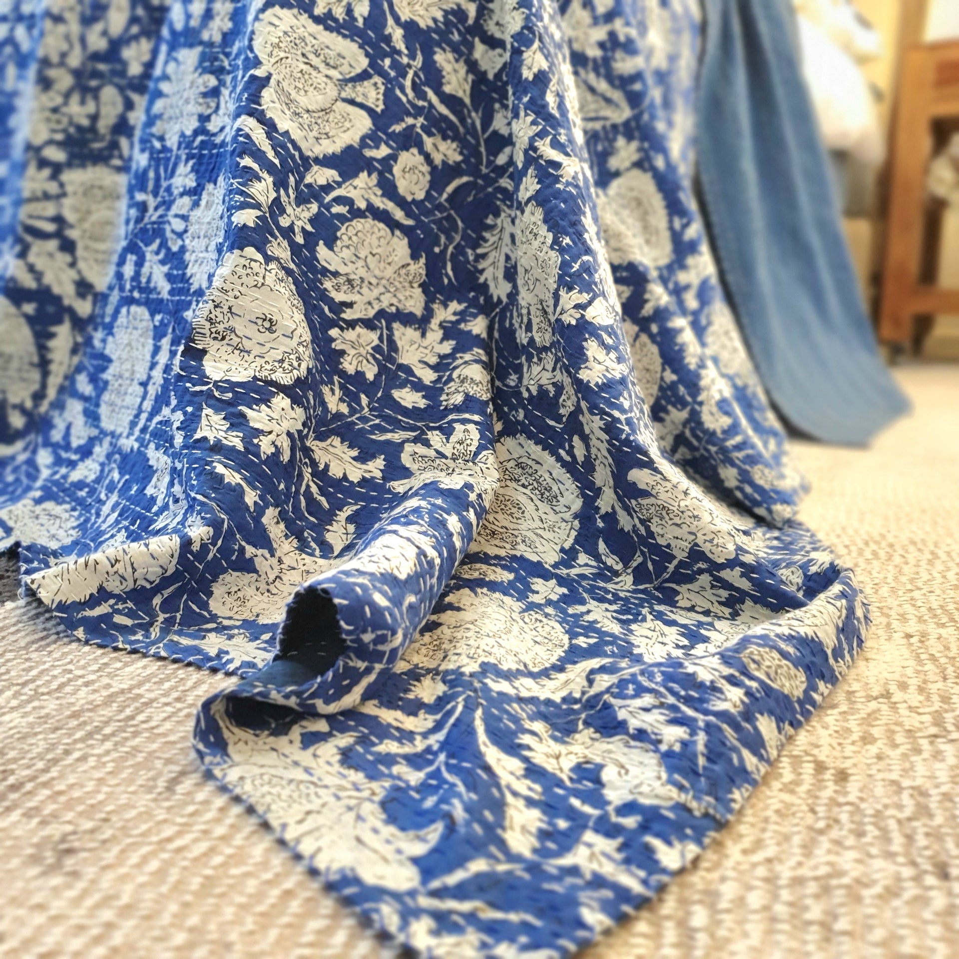 Hamptons Blue Kantha Bedspread | 220cm x 270cm