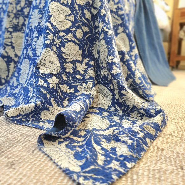 Hamptons Blue Kantha Bedspread 220x270 cm – 100% Cotton