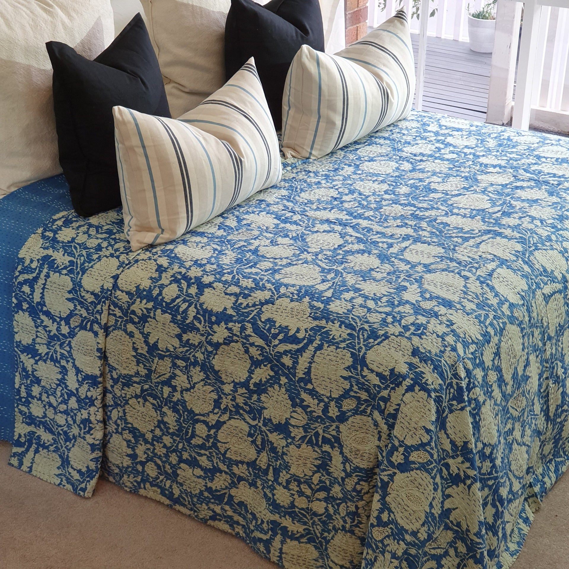 Hamptons Blue Kantha Bedspread | 220cm x 270cm