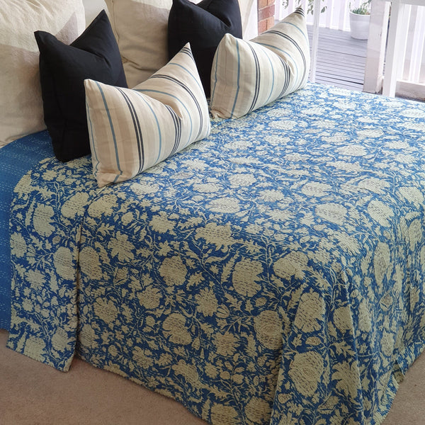 Hamptons Blue Kantha Bedspread 220x270 cm – 100% Cotton