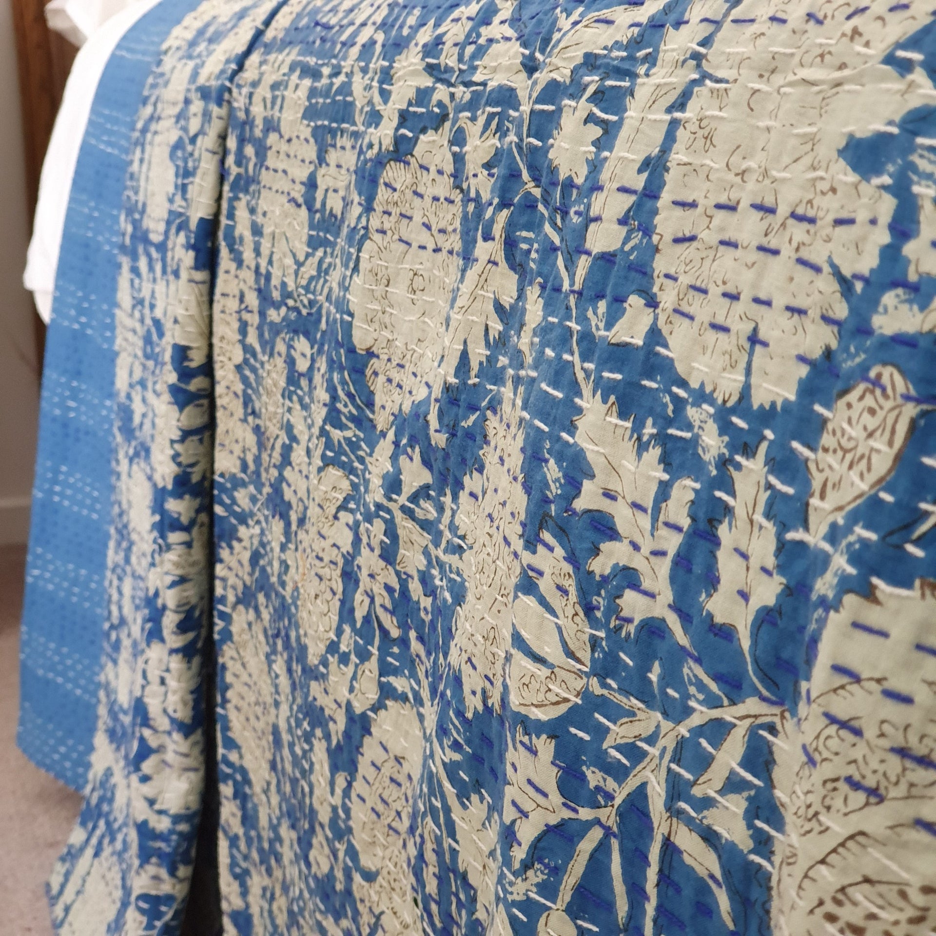 Hamptons Blue Kantha Bedspread | 220cm x 270cm