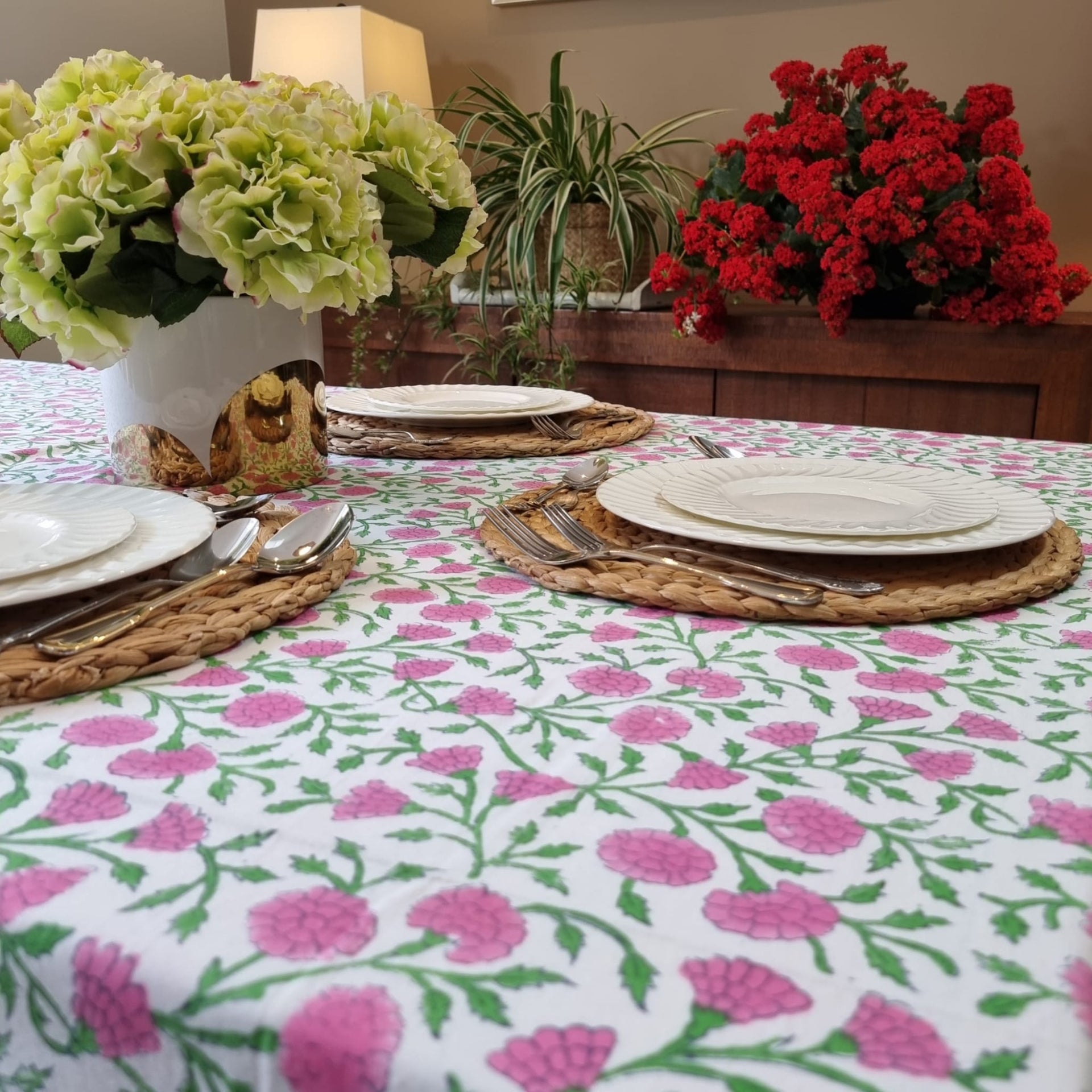 Pink Daisy Block-Printed Tablecloth