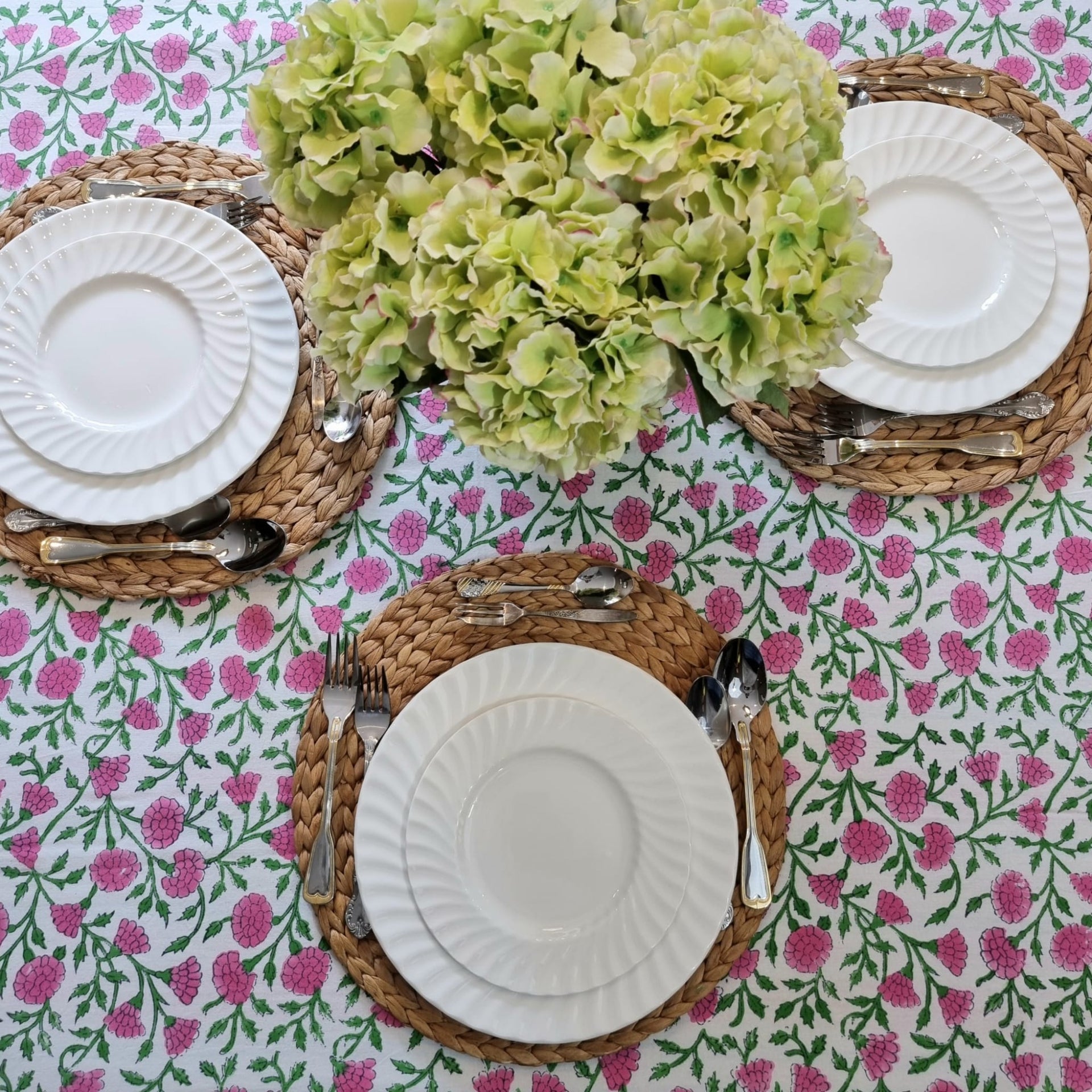 Pink Daisy Block-Printed Tablecloth