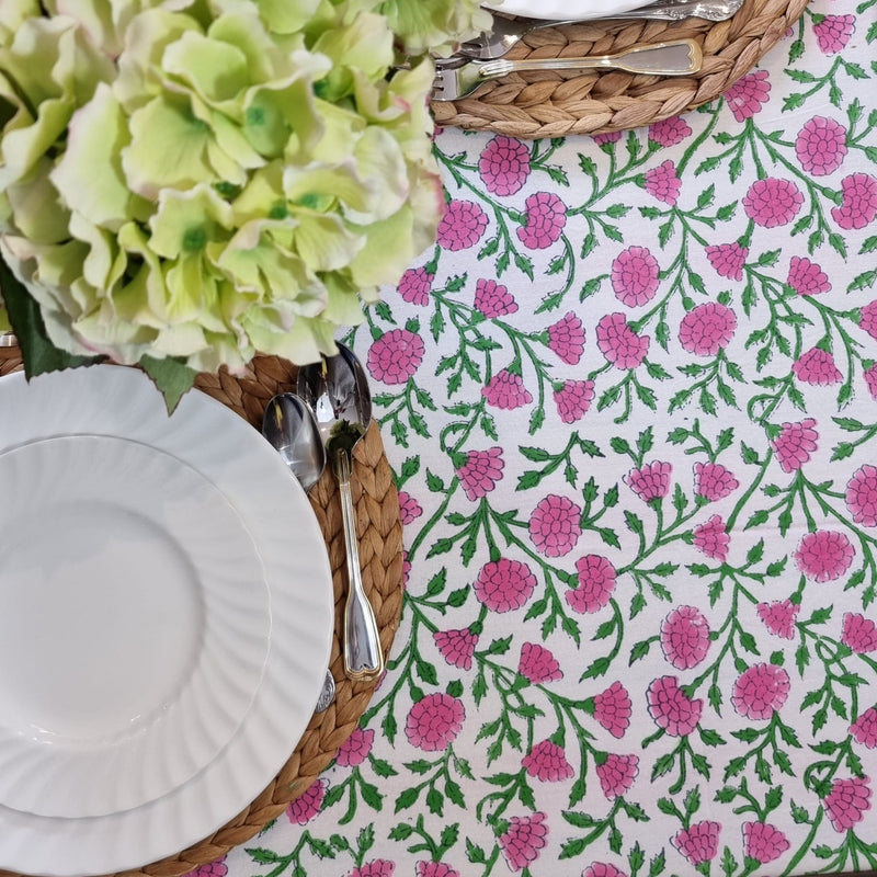 Pink Daisy Block-Printed Tablecloth