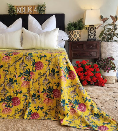 Mustard Peony Kantha Bedspread  | 220cm x 270cm