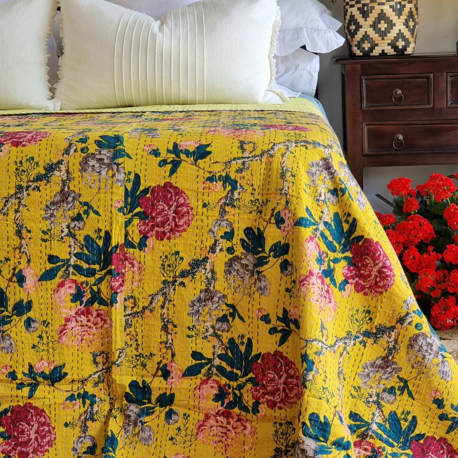 Mustard Peony Kantha Bedspread | 220cm x 270cm