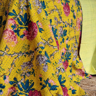 Mustard Peony Kantha Bedspread |220x270cm Yellow Coverlet