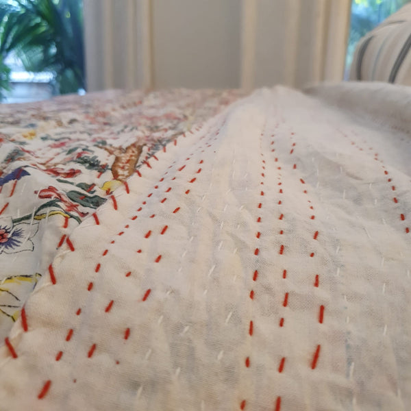 Spring Garden Kantha Bedspread | 220x270cm Summer Cotton Bedcover